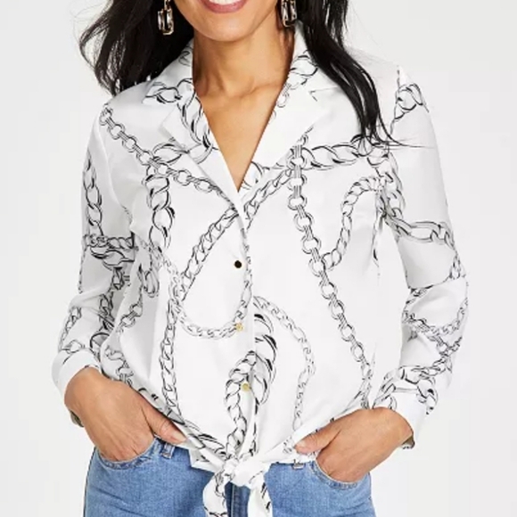 INC Satin Chain-Print Tie-Front Blouse - Picture 6 of 7